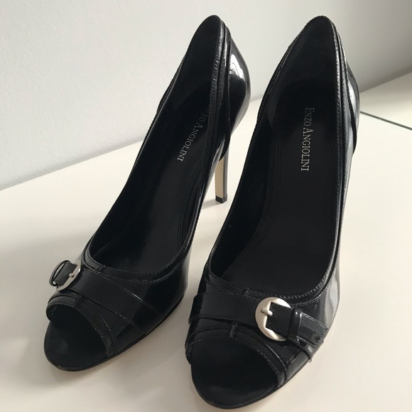 Enzo Angiolini Eamurray Patent Leather Silver Buckle Black Open Toe Pumps Shoes - Picture 14 of 16